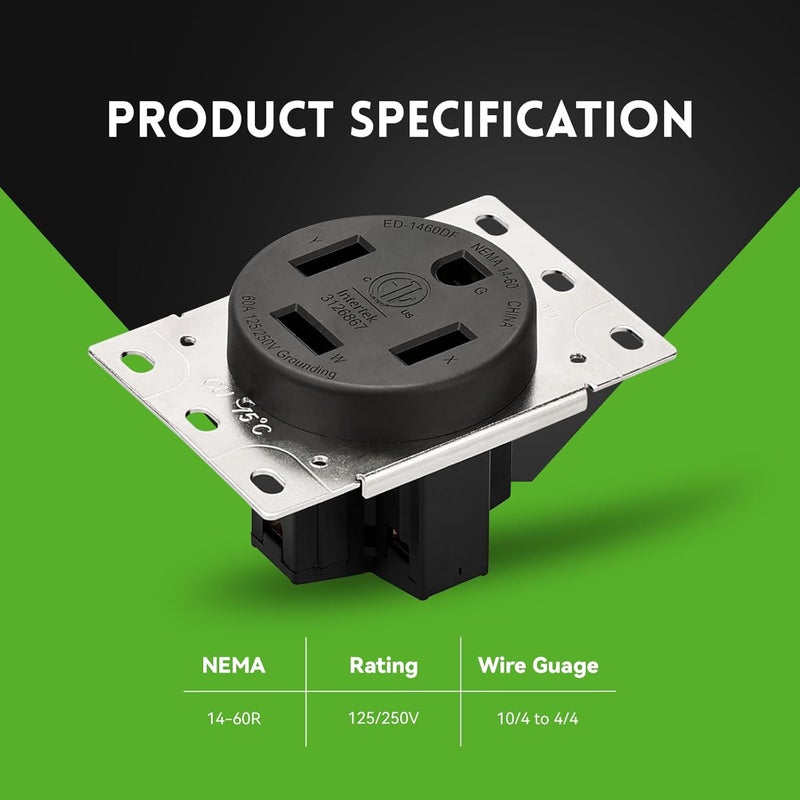 PLUGTUL NEMA 14-60R Flush Mounting Receptacle, 60Amp Receptacle Outlet, Straight Blade, Industrial Grade, 60 Amp, 125/250 Volt, ETL Listed - Image 2